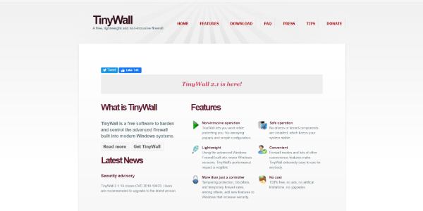 TinyWall firewall program homepage