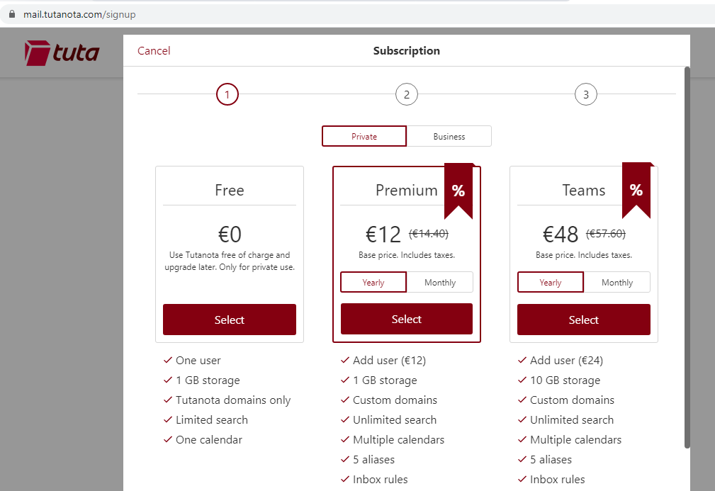 Pricing Page Tuta