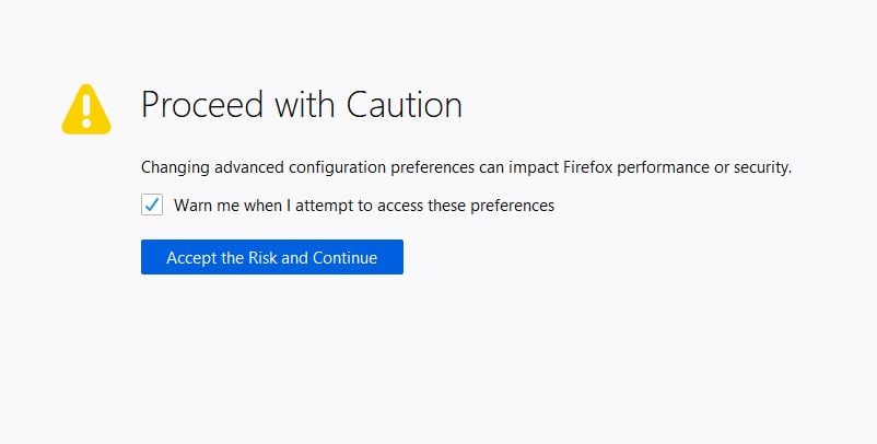 Firefox about:config privacy tweaks warning