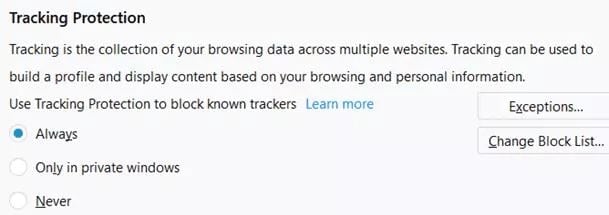 Firefox Tracking Protection Settings