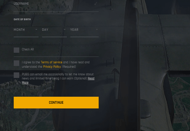 PUBG account creation agreeing to the terms of service and policy step