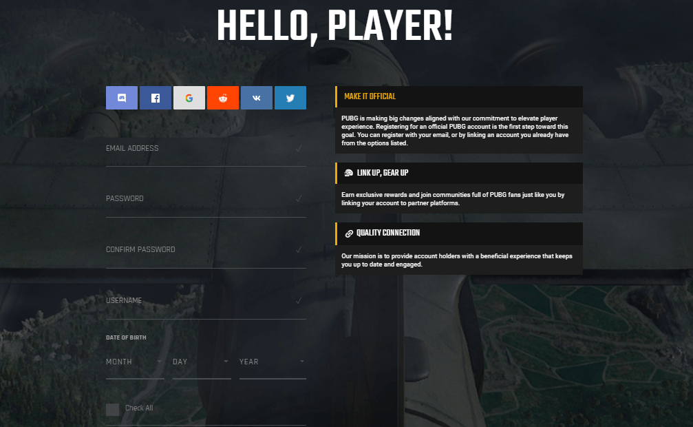 Registering for PUBG account