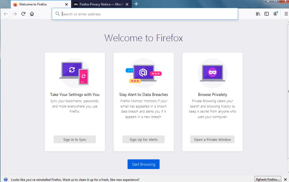 Mozilla Firefox first look after installation