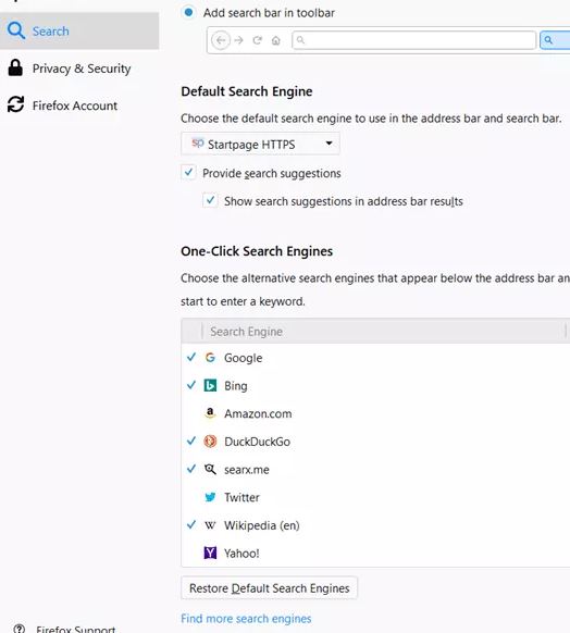 Firefox search engines list