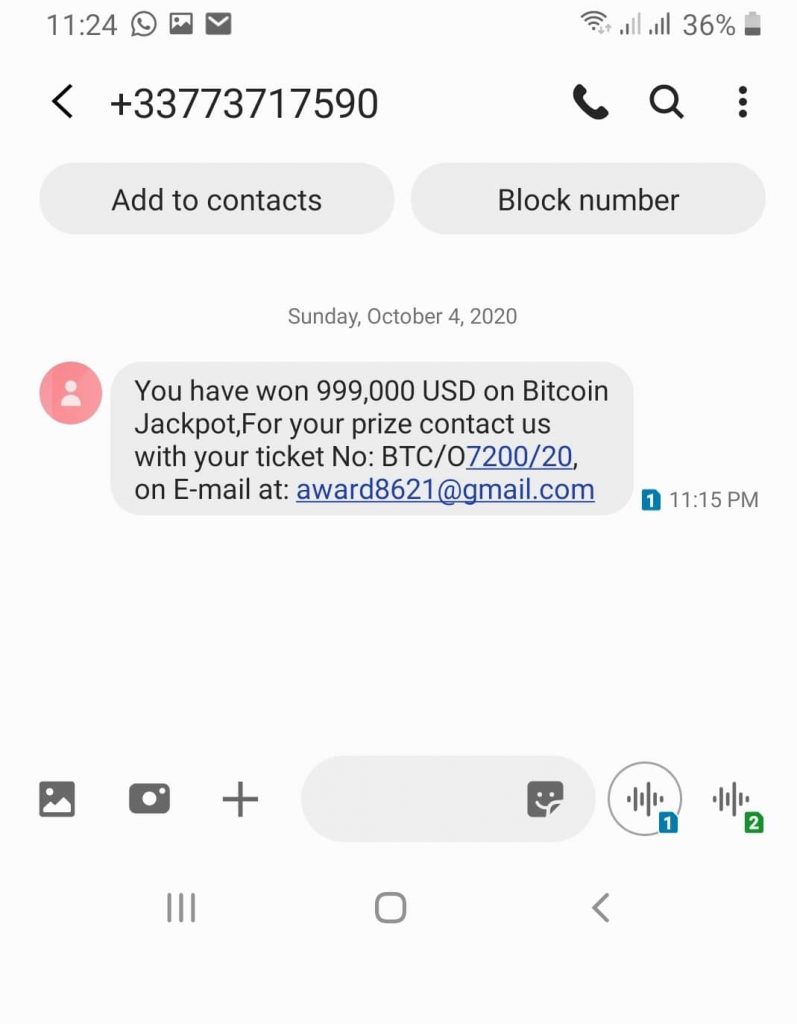 real text message sent by bitcoin jackpot scammers