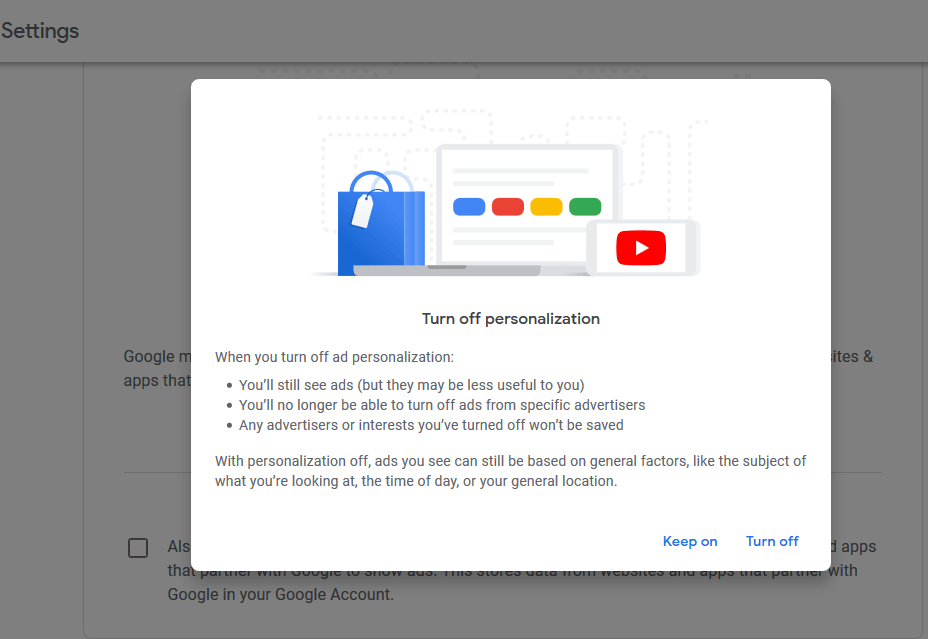 Haga clic en Desactivar la personalización de anuncios.