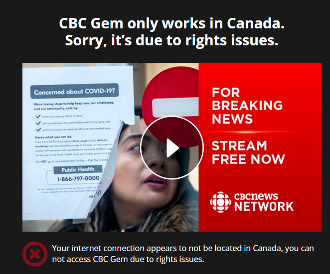 error message when trying to stream CBC outside Canada