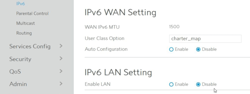 Disable IPv6 on spectrum router