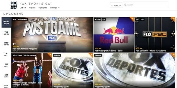 Fox Sports Go homepage