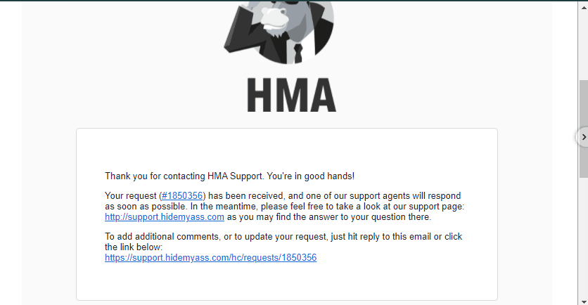 Captura de pantalla 2 del servicio de atención al cliente de HMA VPN