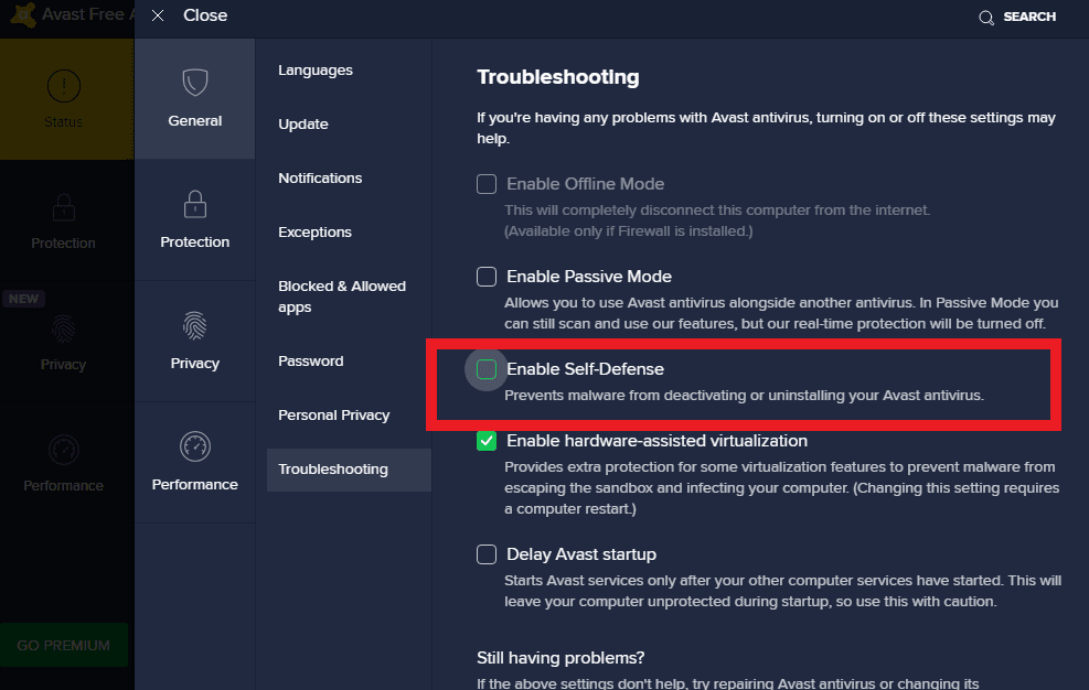 Self-Defense mode disabling on Avast screenshot 4