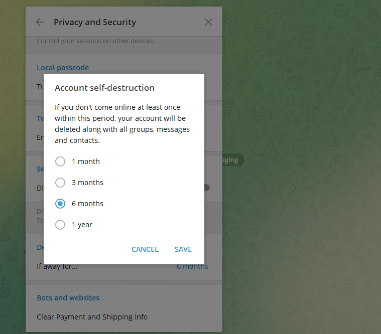 Eliminación de la cuenta de Telegram alterando la captura de pantalla de autodestrucción 3