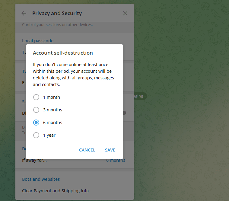 Deleting telegram account by altering self-destruction screenshot 3