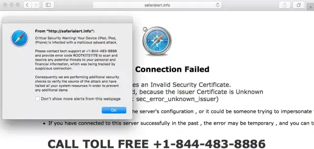 Real example screenshot of Apple pop up security alert scam warning