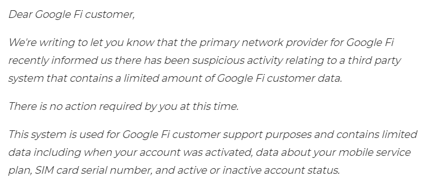 Email Google sent to Fi subscribers