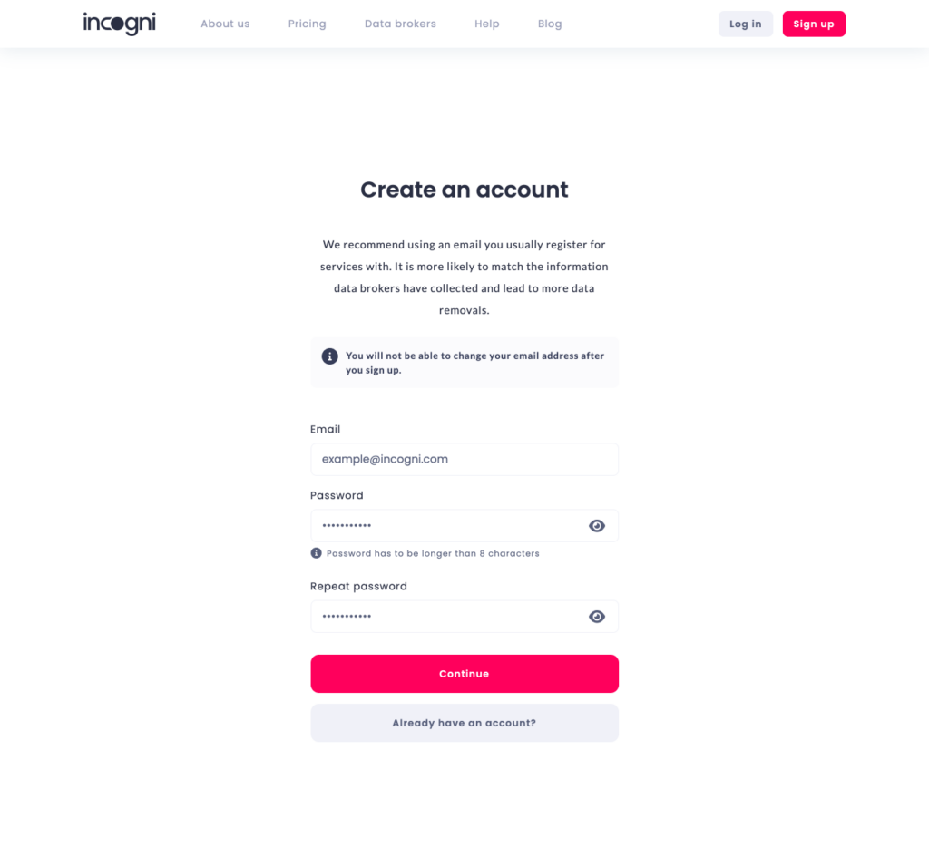 Incogni Sign up page