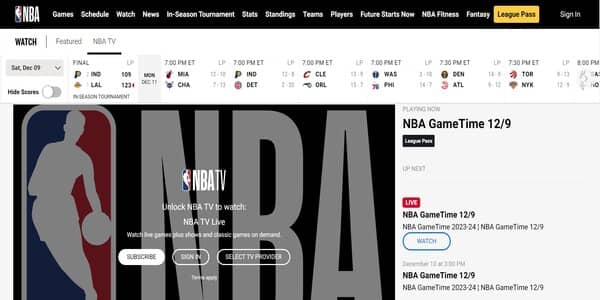 Página de inicio oficial de NBA TV