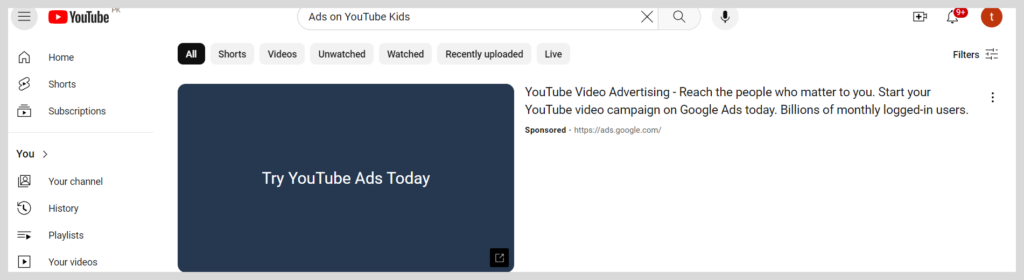 Ads on YouTube Kids 