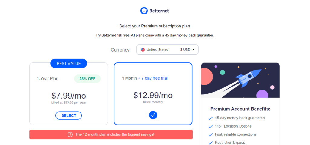 Betternet pricing