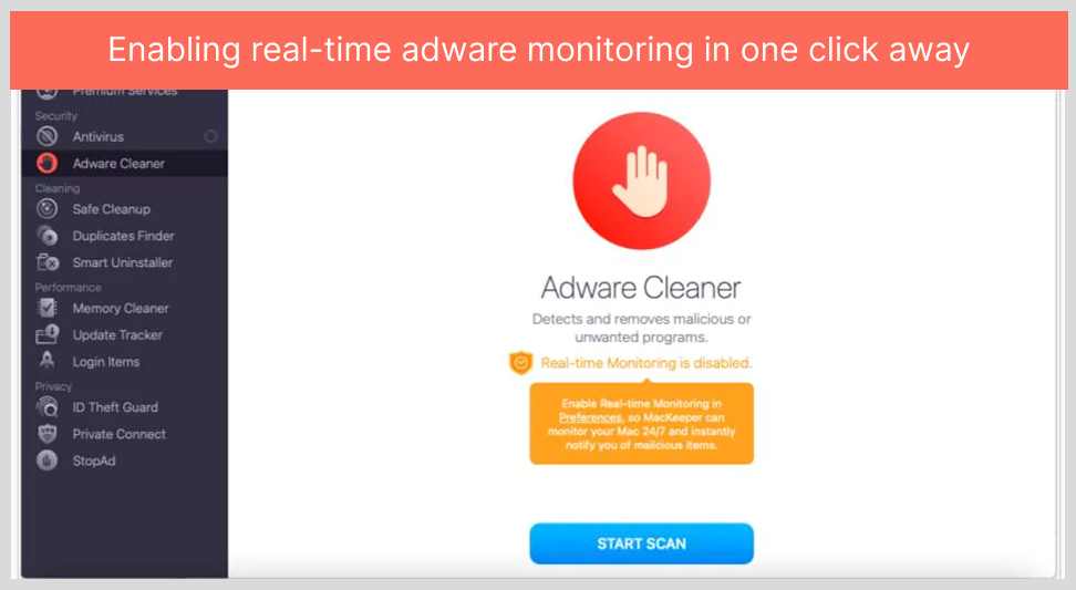 Enabling real-time adware monitoring in one click away