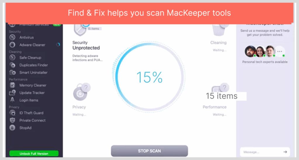 Find & Fix helps you scan MacKeeper tools