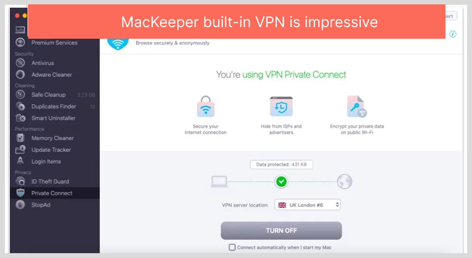 MacKeeper built-in VPN is impressive