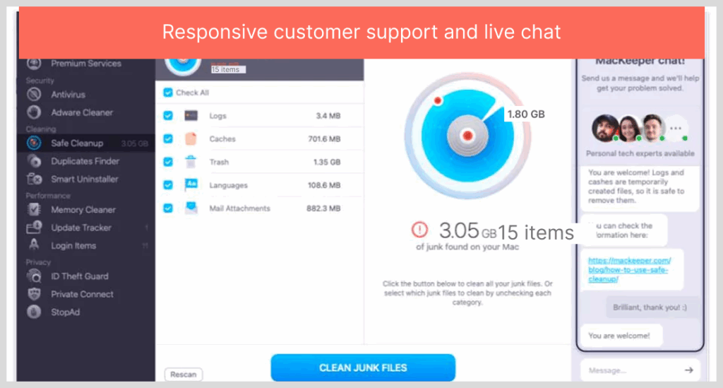 Responsive customer support and live chat