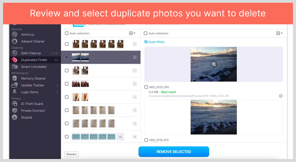 Review and select duplicate photos you want to delete