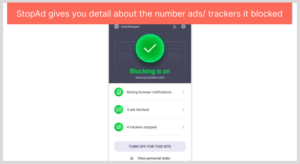 StopAd gives you detail about the number ads trackers it blocked