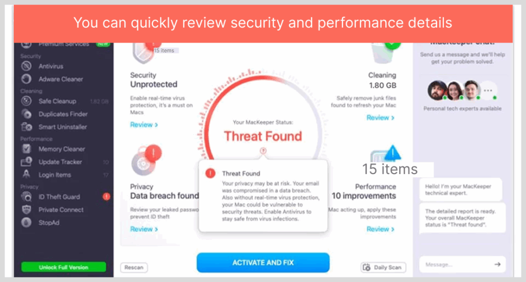 You can quickly review security and performance details