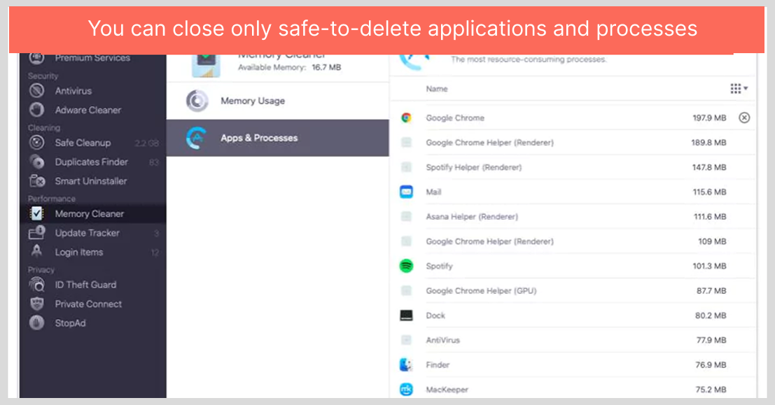 You can close only safe-to-delete applications and processes