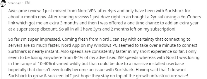 Surfsharks's positive Reddit reviews screenshot 2