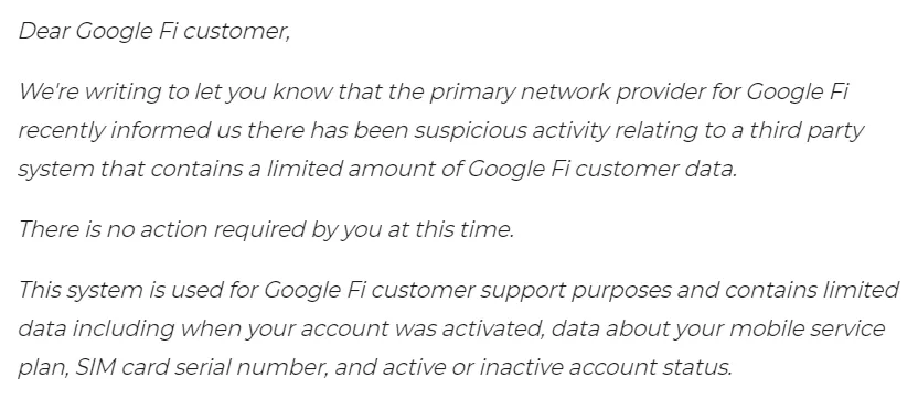 Email Google sent to Fi subscribers