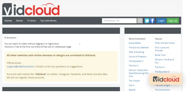 VidCloud homepage