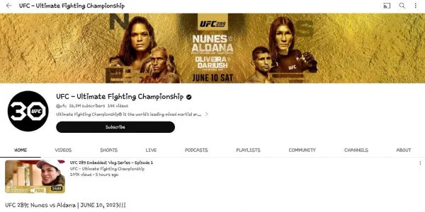 Youtube UFC homepage