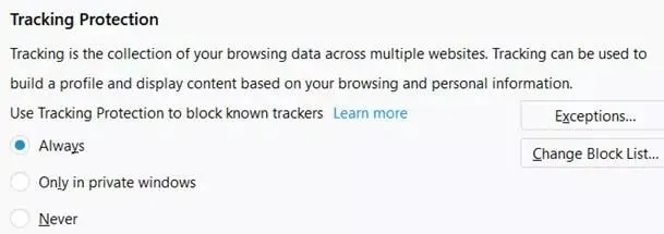 Firefox Tracking Protection Settings