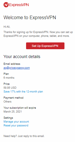 ExpressVPN post sign up welcome email